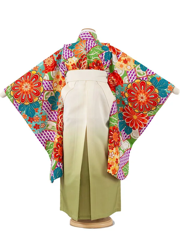 女児袴レンタル（7歳女の子） 緑地 吉祥文様 A240