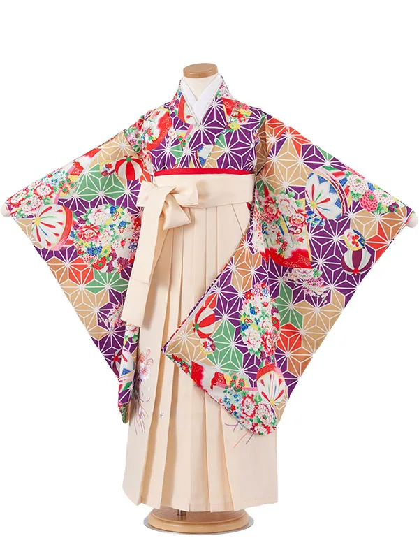 女児袴レンタル（7歳女の子） 紫地 麻の葉模様 A241