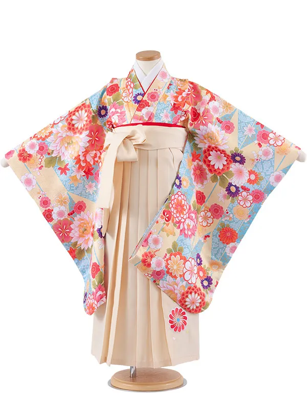 女児袴レンタル（7歳女の子） 空色 菊 矢絣 A246