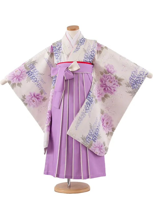 女児袴レンタル（6～7歳女の子） アイボリー 牡丹 藤 A256