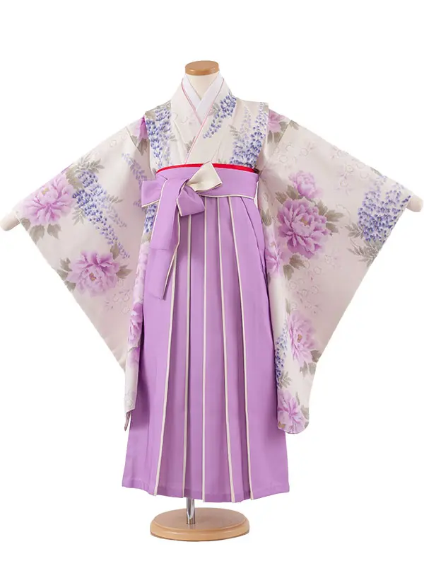 女児袴レンタル（6～7歳女の子） アイボリー 牡丹 藤 A256