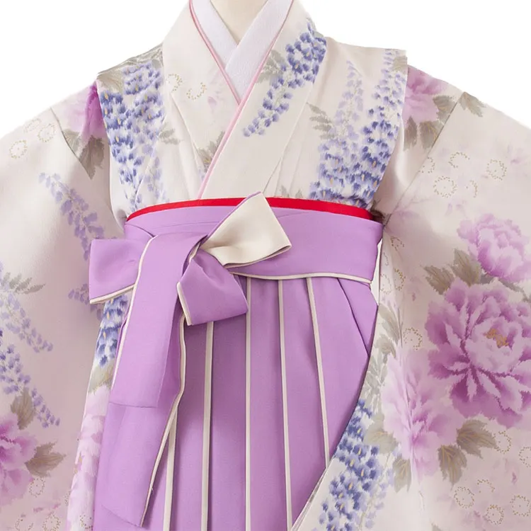 女児袴レンタル（6～7歳女の子） アイボリー 牡丹 藤 A256