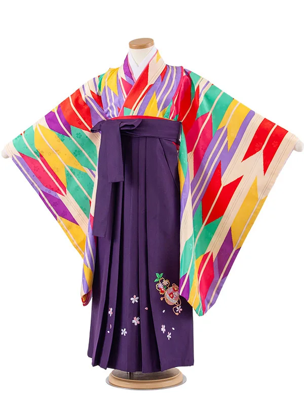 女児袴レンタル（7歳女の子） ベージュ 矢絣 A271