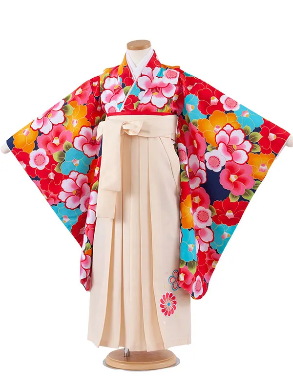 女児袴レンタル（7歳女の子） 紺地 椿 梅 A274