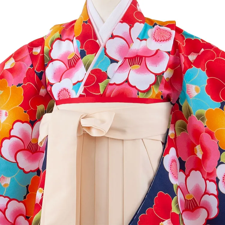 女児袴レンタル（7歳女の子） 紺地 椿 梅 A274