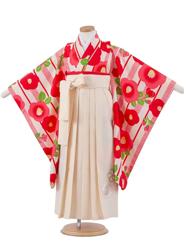 女児袴レンタル（6～7歳女の子） アイボリー ストライプ 椿 A276