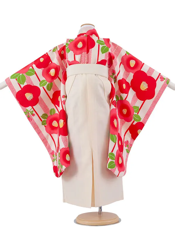 女児袴レンタル（6～7歳女の子） アイボリー ストライプ 椿 A276