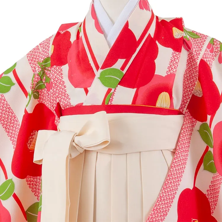 女児袴レンタル（6～7歳女の子） アイボリー ストライプ 椿 A276