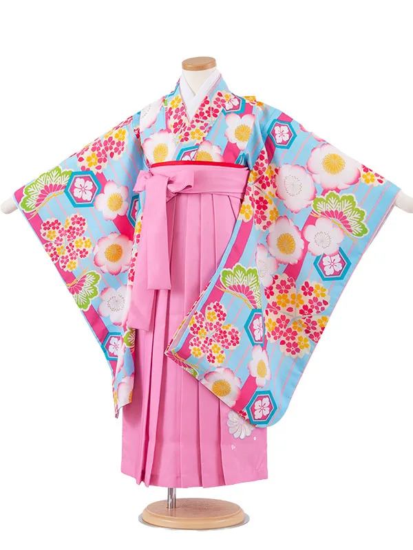 女児袴レンタル（6～7歳女の子） 空色 ストライプ 桜 A277