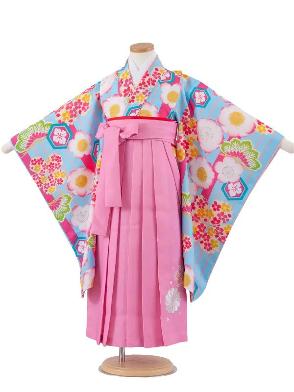 女児袴レンタル（6～7歳女の子） 空色 ストライプ 桜 A277