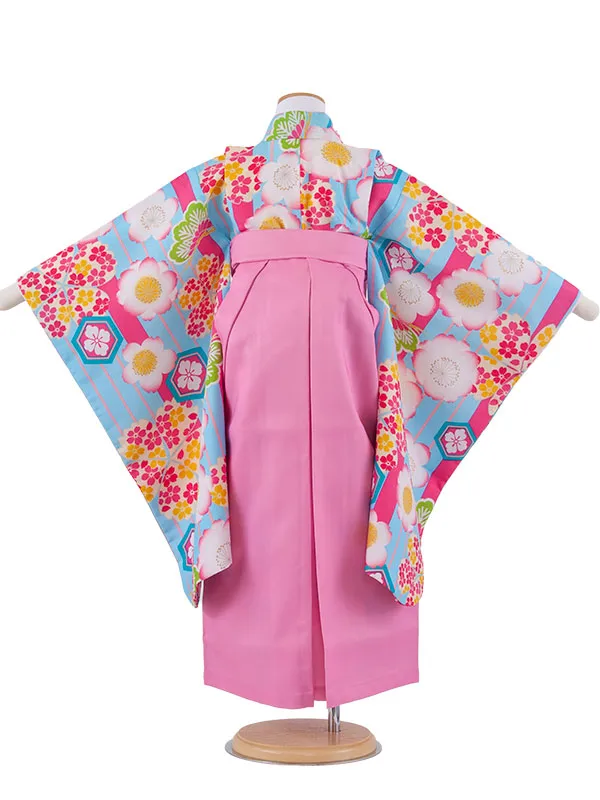 女児袴レンタル（6～7歳女の子） 空色 ストライプ 桜 A277