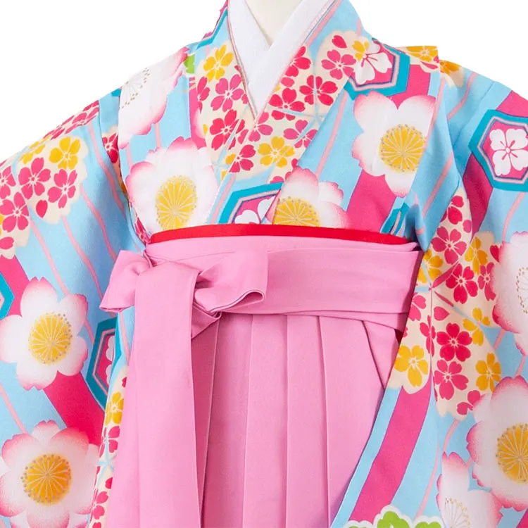 女児袴レンタル（6～7歳女の子） 空色 ストライプ 桜 A277