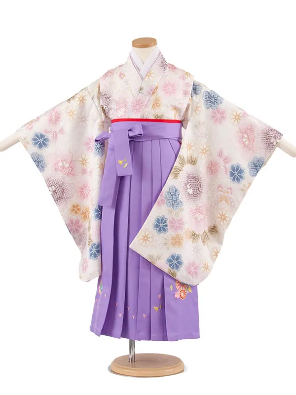 女児袴レンタル（5歳女の子） オフホワイト 絞り調 花づくし A309