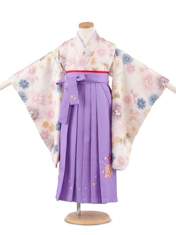 女児袴レンタル（5歳女の子） オフホワイト 絞り調 花づくし A309