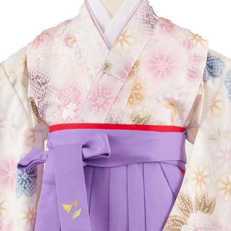 女児袴レンタル（5歳女の子） オフホワイト 絞り調 花づくし A309