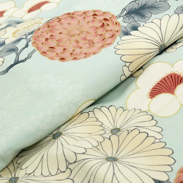 卒業袴レンタル034 薄浅葱色ﾍﾟｰﾙｶﾗｰ菊/梅 縁起花ﾍﾞｰｼﾞｭ×ﾚｰｽ袴