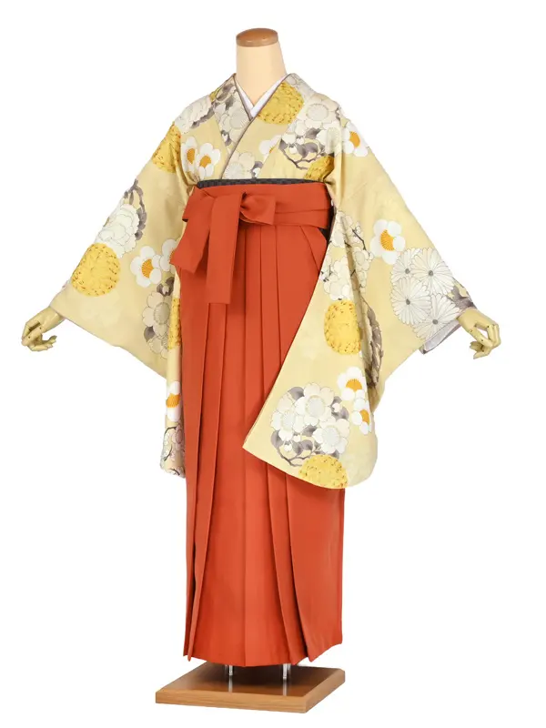 卒業袴レンタル 035 薄黄色 ﾍﾟｰﾙｲｴﾛｰ 菊/梅 ｵﾚﾝｼﾞ袴