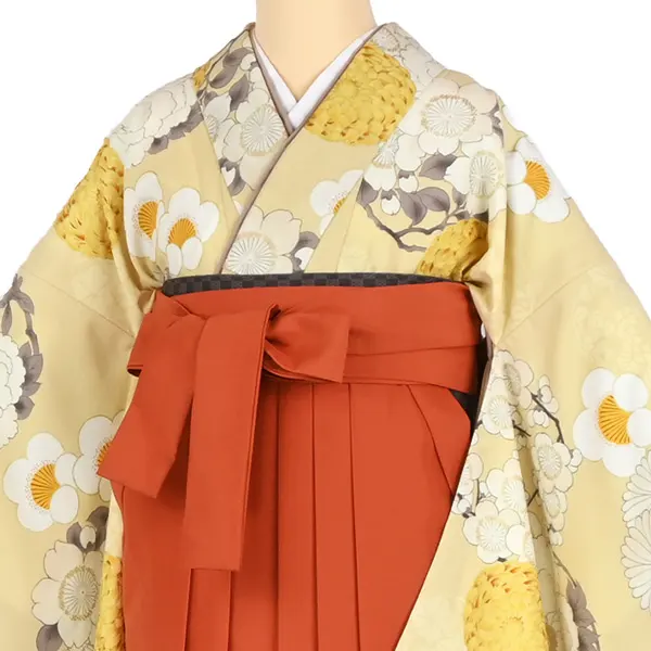 卒業袴レンタル 035 薄黄色 ﾍﾟｰﾙｲｴﾛｰ 菊/梅 ｵﾚﾝｼﾞ袴