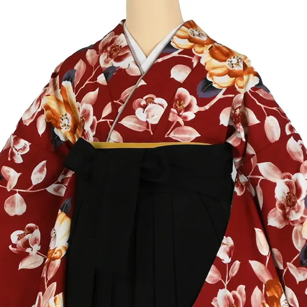 卒業袴レンタル 042 赤  桔梗 芍薬 黒袴