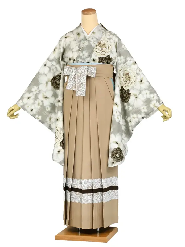 卒業袴レンタル 045 ｸﾞﾚｰｼﾞｭ 芍薬 ﾍﾞｰｼﾞｭ×ﾚｰｽ袴