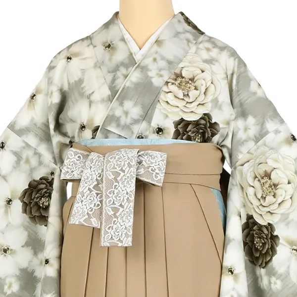 卒業袴レンタル 045 ｸﾞﾚｰｼﾞｭ 芍薬 ﾍﾞｰｼﾞｭ×ﾚｰｽ袴