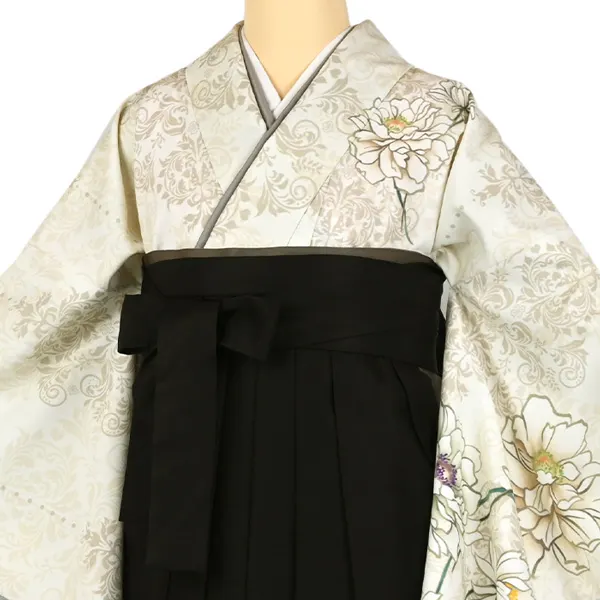 卒業袴レンタルn069 ﾍﾞｰｼﾞｭ 花 ﾀﾞﾏｽｸ柄 ﾁｬｺｰﾙｸﾞﾚｰ袴