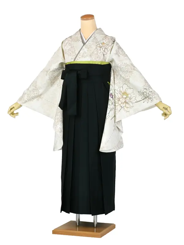 卒業袴レンタルn070 ﾍﾞｰｼﾞｭ 花 ﾀﾞﾏｽｸ柄 ﾀﾞｰｸｸﾞﾘｰﾝ袴