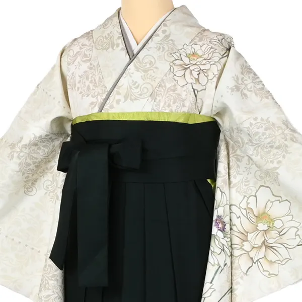 卒業袴レンタルn070 ﾍﾞｰｼﾞｭ 花 ﾀﾞﾏｽｸ柄 ﾀﾞｰｸｸﾞﾘｰﾝ袴