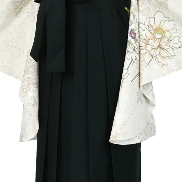 卒業袴レンタルn070 ﾍﾞｰｼﾞｭ 花 ﾀﾞﾏｽｸ柄 ﾀﾞｰｸｸﾞﾘｰﾝ袴