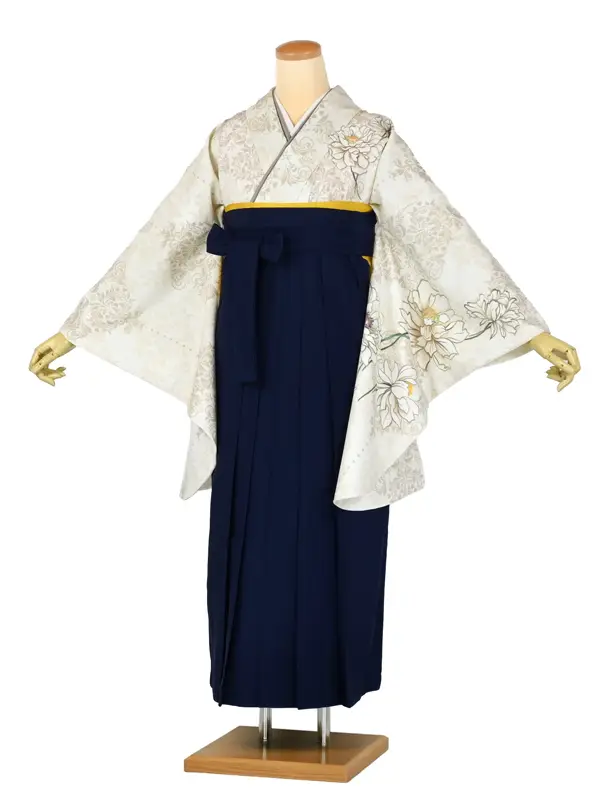 卒業袴レンタルn071 ﾍﾞｰｼﾞｭ 花 ﾀﾞﾏｽｸ柄 紺袴