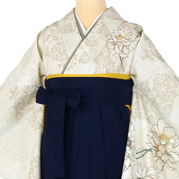 卒業袴レンタルn071 ﾍﾞｰｼﾞｭ 花 ﾀﾞﾏｽｸ柄 紺袴