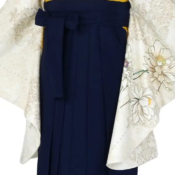 卒業袴レンタルn071 ﾍﾞｰｼﾞｭ 花 ﾀﾞﾏｽｸ柄 紺袴
