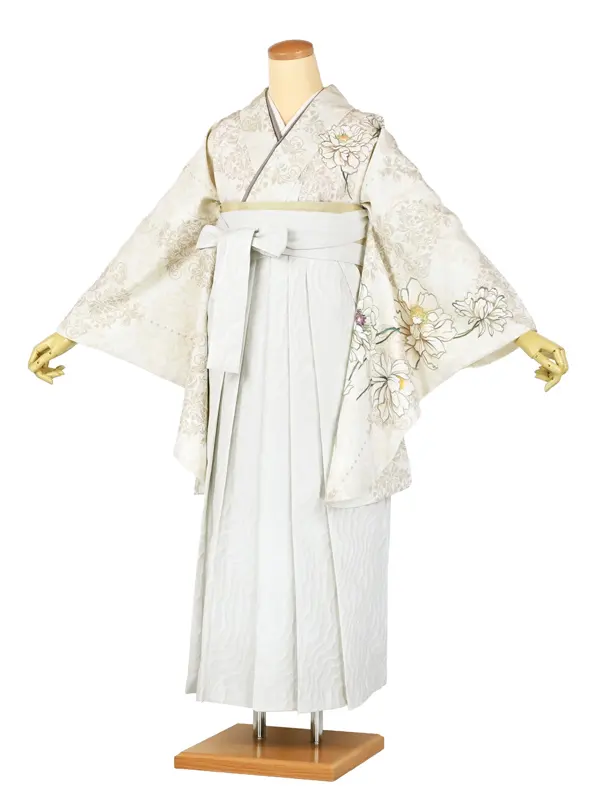卒業袴レンタルn072 ﾍﾞｰｼﾞｭ 花 ﾀﾞﾏｽｸ柄 白波袴