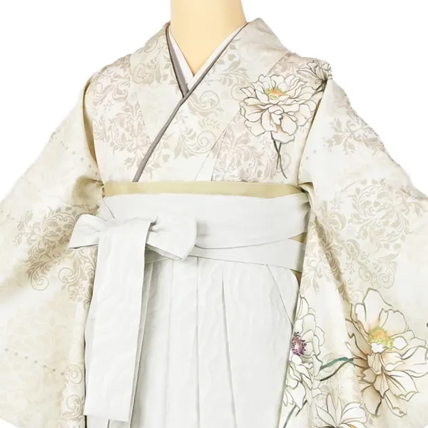 卒業袴レンタルn072 ﾍﾞｰｼﾞｭ 花 ﾀﾞﾏｽｸ柄 白波袴
