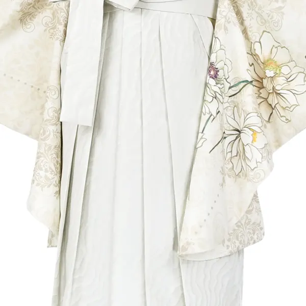 卒業袴レンタルn072 ﾍﾞｰｼﾞｭ 花 ﾀﾞﾏｽｸ柄 白波袴