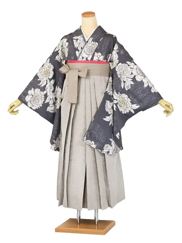 卒業袴レンタルn073 ｸﾞﾚｰ 芍薬 ｼﾙﾊﾞｰ ﾁｪｯｸﾍﾞｰｼﾞｭ袴