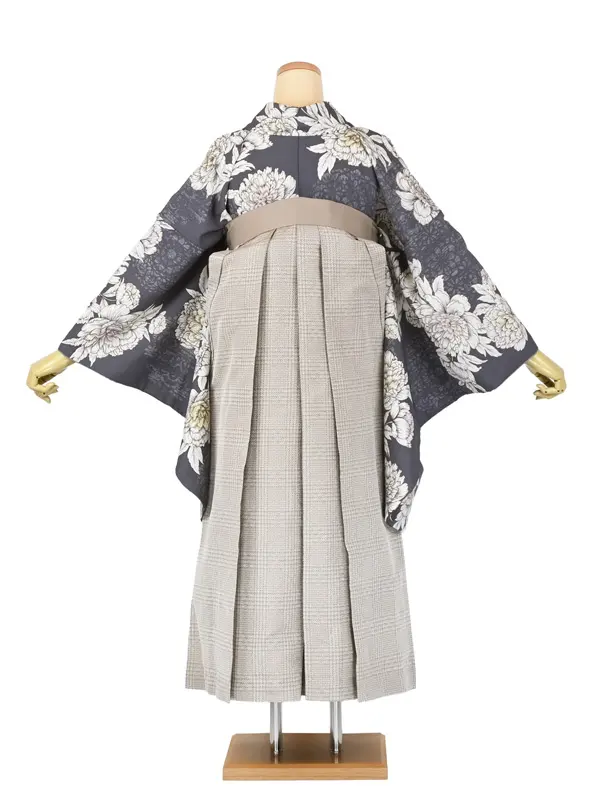 卒業袴レンタルn073 ｸﾞﾚｰ 芍薬 ｼﾙﾊﾞｰ ﾁｪｯｸﾍﾞｰｼﾞｭ袴