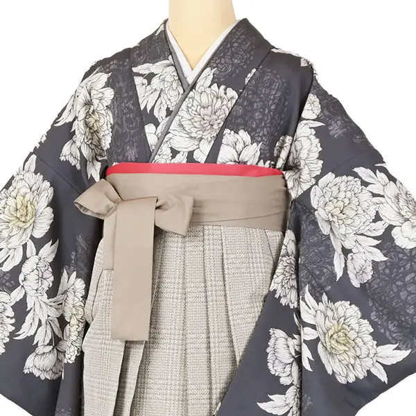卒業袴レンタルn073 ｸﾞﾚｰ 芍薬 ｼﾙﾊﾞｰ ﾁｪｯｸﾍﾞｰｼﾞｭ袴