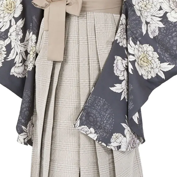 卒業袴レンタルn073 ｸﾞﾚｰ 芍薬 ｼﾙﾊﾞｰ ﾁｪｯｸﾍﾞｰｼﾞｭ袴