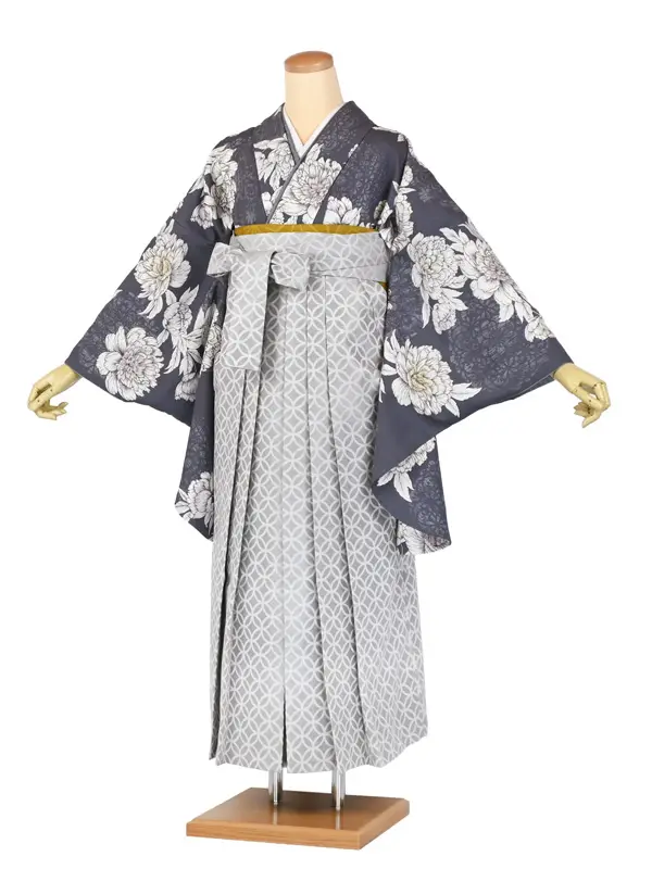 卒業袴レンタルn075 ｸﾞﾚｰ 芍薬 ｼﾙﾊﾞｰ 七宝柄袴