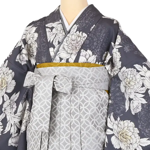 卒業袴レンタルn075 ｸﾞﾚｰ 芍薬 ｼﾙﾊﾞｰ 七宝柄袴