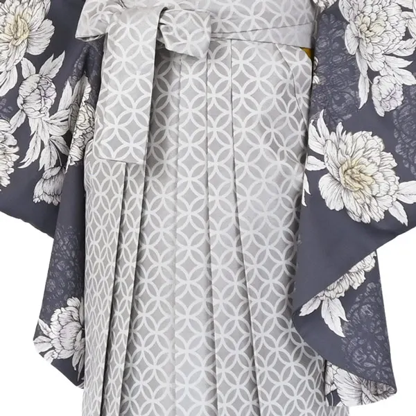 卒業袴レンタルn075 ｸﾞﾚｰ 芍薬 ｼﾙﾊﾞｰ 七宝柄袴