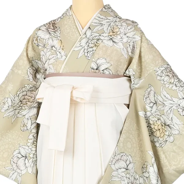 卒業袴レンタルn076 ﾍﾞｰｼﾞｭ 芍薬 ｵﾌ白袴