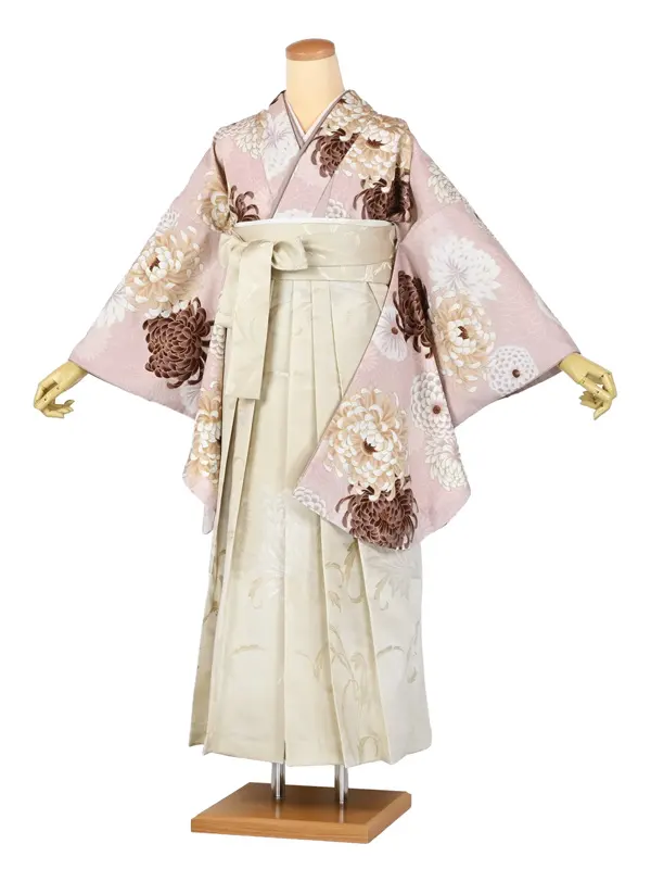 卒業袴レンタルn078 ﾋﾟﾝｸ 大菊柄 ﾍﾞｰｼﾞｭ刺繍袴