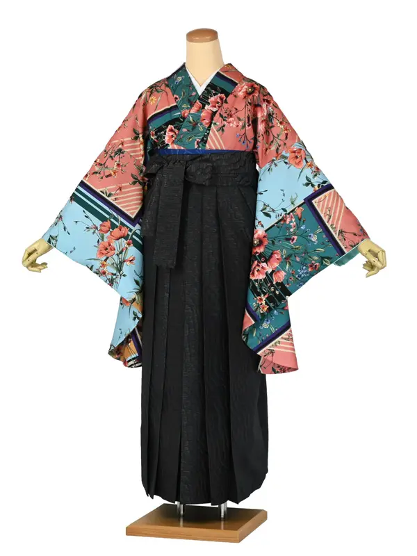 卒業袴レンタルn081 花柄 個性派ｽｶｰﾌ柄 多色  黒波袴