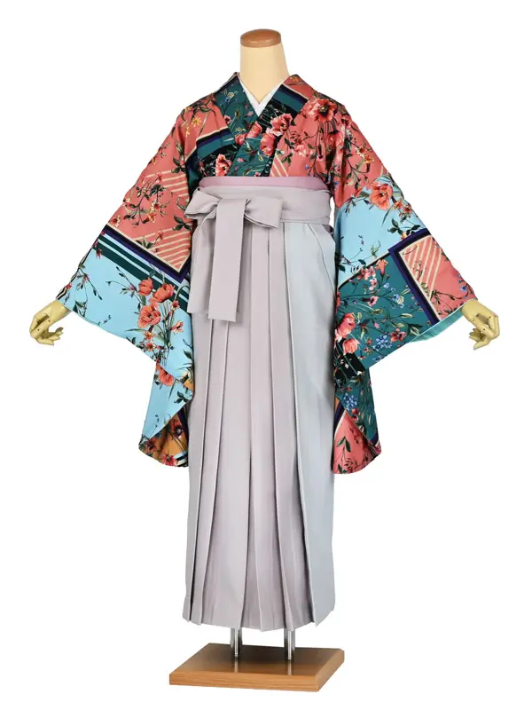 卒業袴レンタルn082 花柄 ｽｶｰﾌ柄 多色 ﾋﾟﾝｸ×薄ｸﾞﾚｰ2色袴