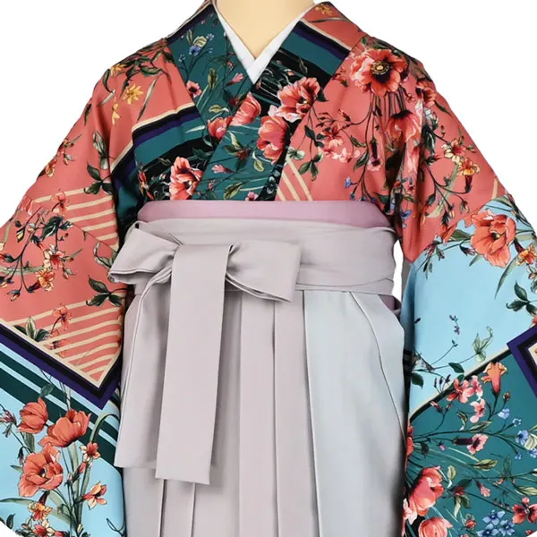 卒業袴レンタルn082 花柄 ｽｶｰﾌ柄 多色 ﾋﾟﾝｸ×薄ｸﾞﾚｰ2色袴