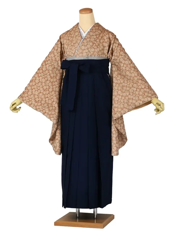 卒業袴レンタルn085 控えめオレンジ 総花柄 紺袴