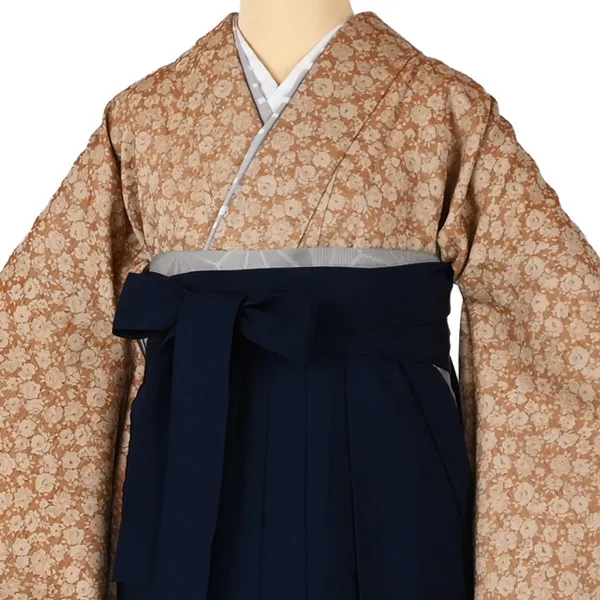 卒業袴レンタルn085 控えめオレンジ 総花柄 紺袴