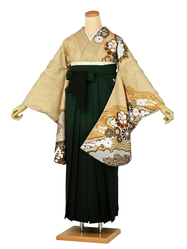卒業袴レンタルn087 からし色 疋田 芍薬 菊 緑ぼかし袴